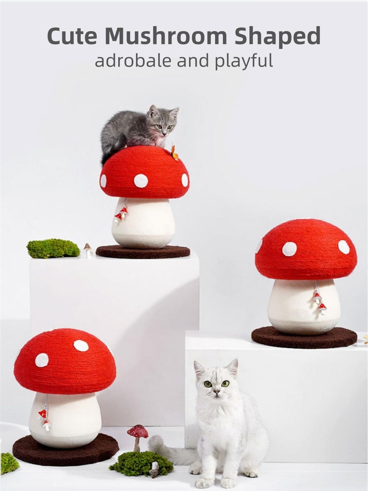 Jolbi Daily-Mushroom Cat Climbing Tree – Red & White Sisal Scratching Post with Fluffy Base and Ball Toy | Cute, Durable Cat Furniture
