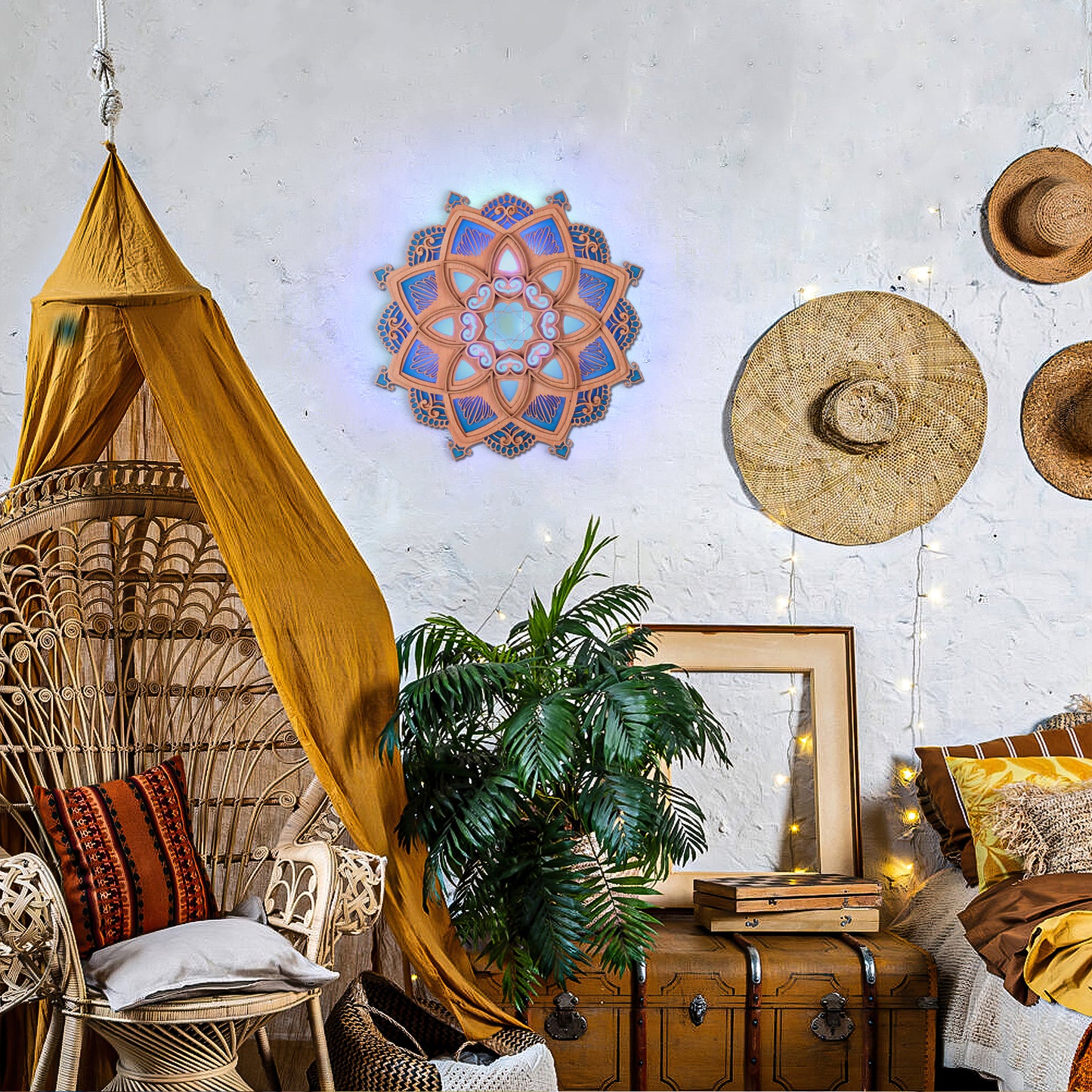 Jolbi Daily-Boho Wood Wall Lamp – Ambient Light for Meditation & Gifts