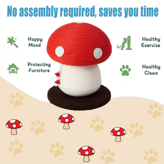 Jolbi Daily-Mushroom Cat Climbing Tree – Red & White Sisal Scratching Post with Fluffy Base and Ball Toy | Cute, Durable Cat Furniture