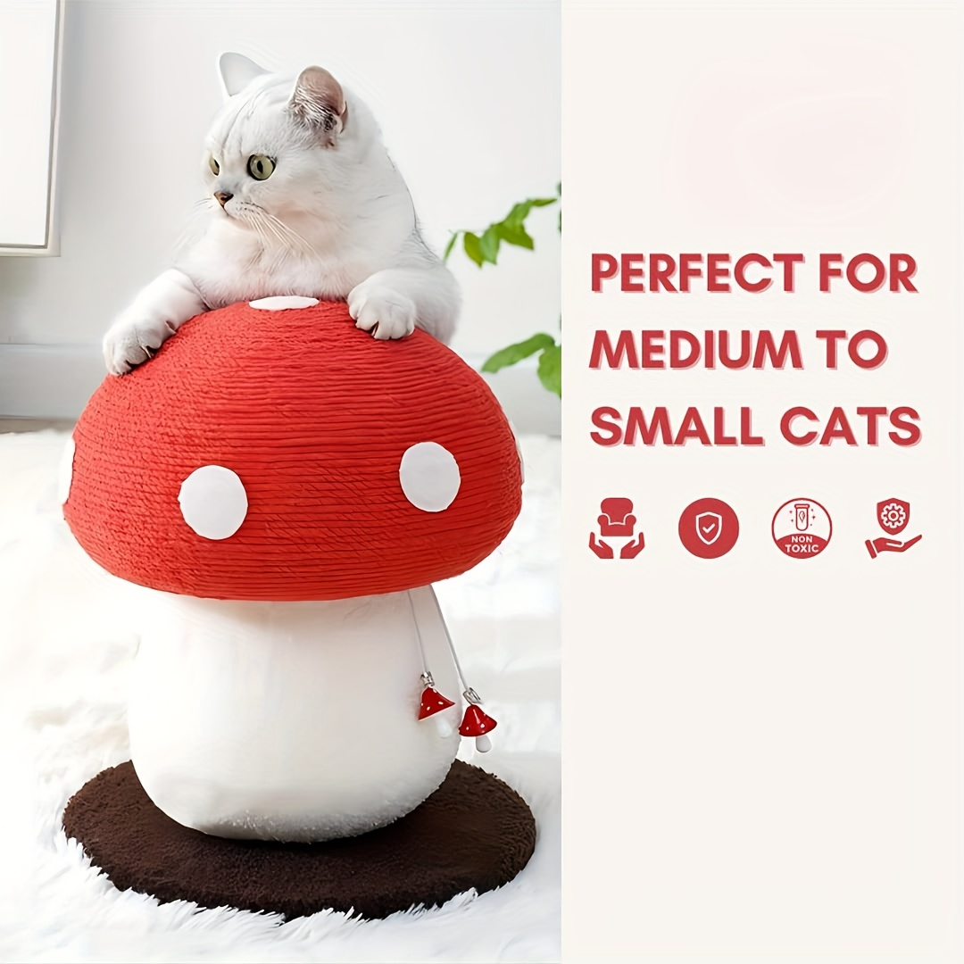 Jolbi Daily-Mushroom Cat Climbing Tree – Red & White Sisal Scratching Post with Fluffy Base and Ball Toy | Cute, Durable Cat Furniture