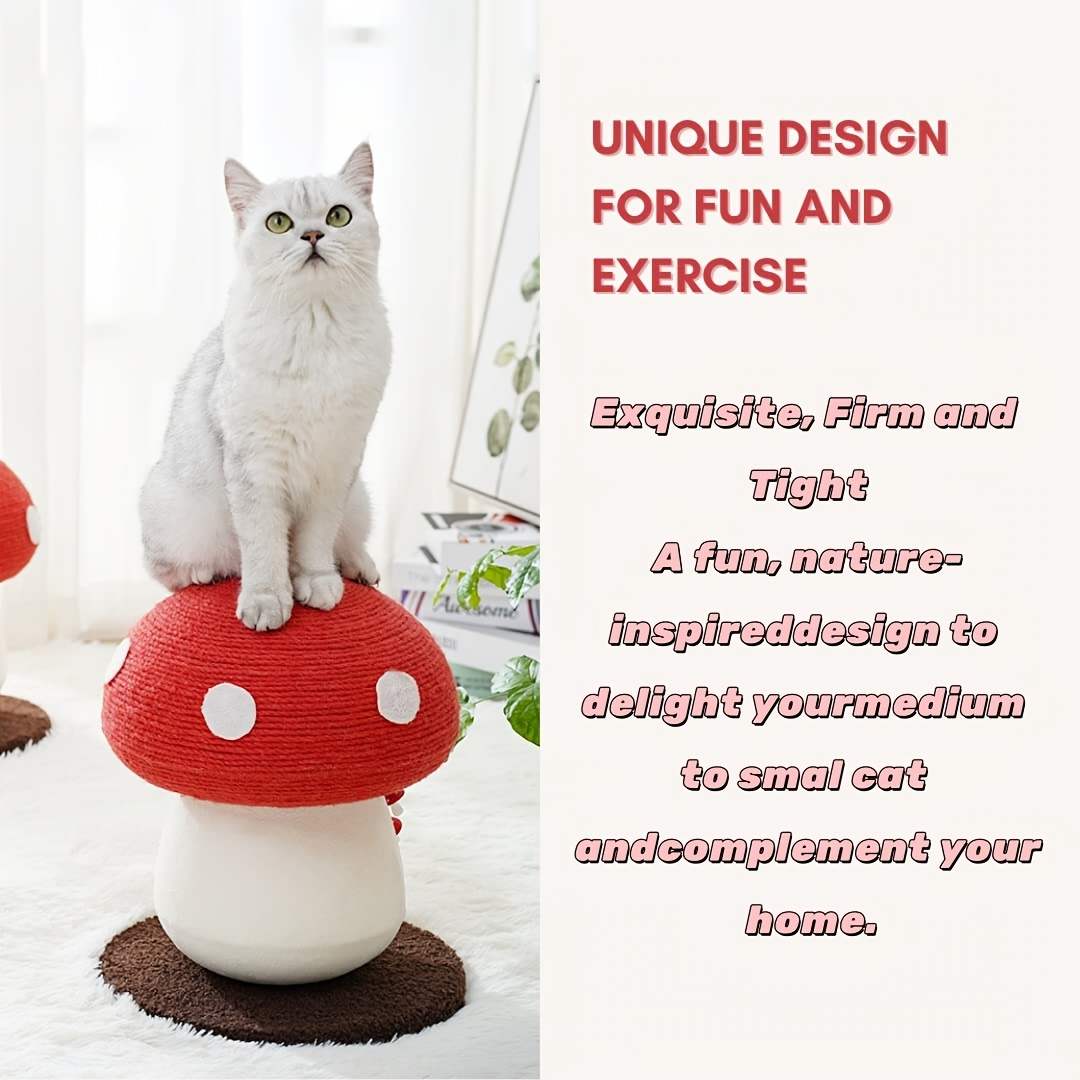 Jolbi Daily-Mushroom Cat Climbing Tree – Red & White Sisal Scratching Post with Fluffy Base and Ball Toy | Cute, Durable Cat Furniture