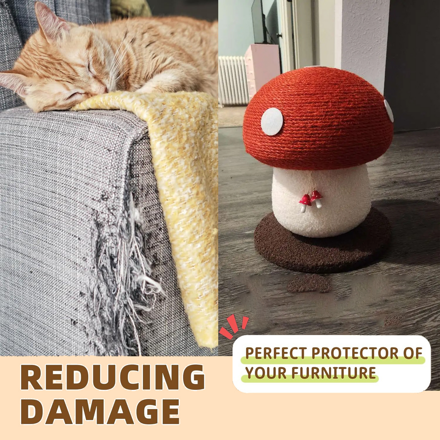 Jolbi Daily-Mushroom Cat Climbing Tree – Red & White Sisal Scratching Post with Fluffy Base and Ball Toy | Cute, Durable Cat Furniture