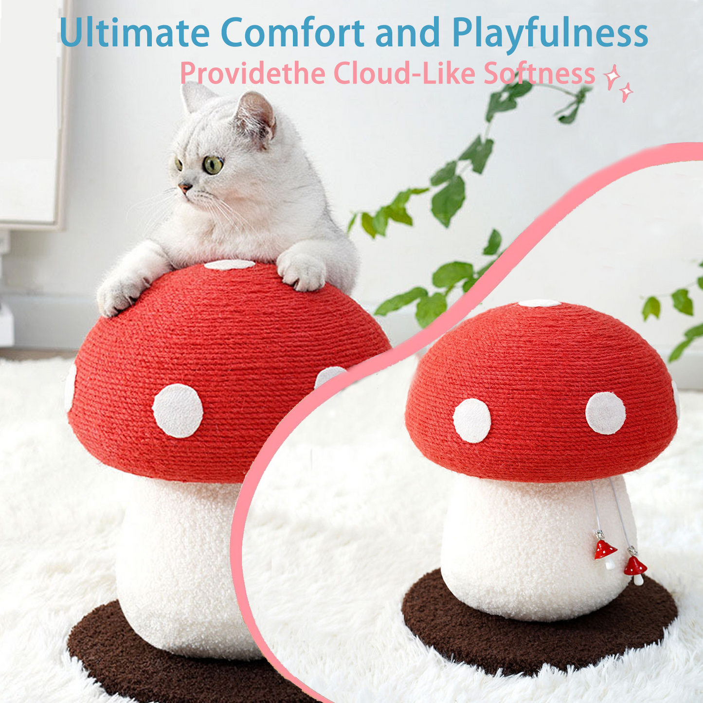 Jolbi Daily-Mushroom Cat Climbing Tree – Red & White Sisal Scratching Post with Fluffy Base and Ball Toy | Cute, Durable Cat Furniture